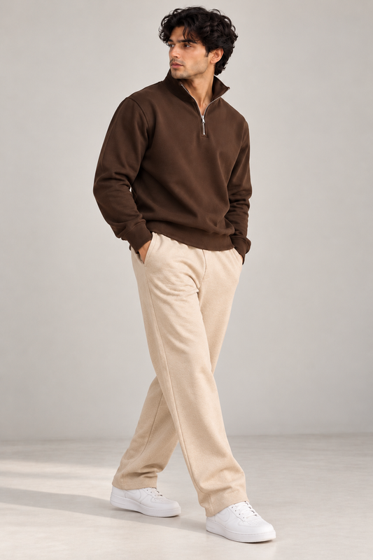 Basic Quarter Zip Sweatpant Co Ord Brown - Skin
