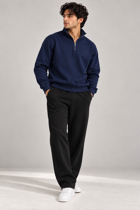 Basic Quarter Zip Sweatpant Co Ord Navy - Black