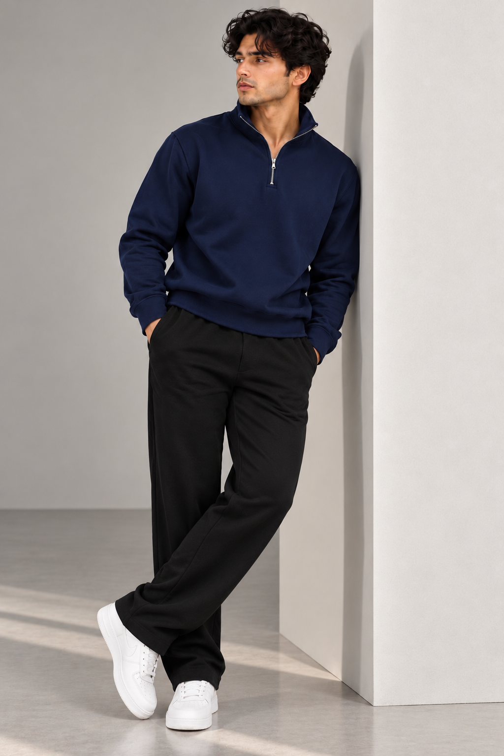 Basic Quarter Zip Sweatpant Co Ord Navy - Black