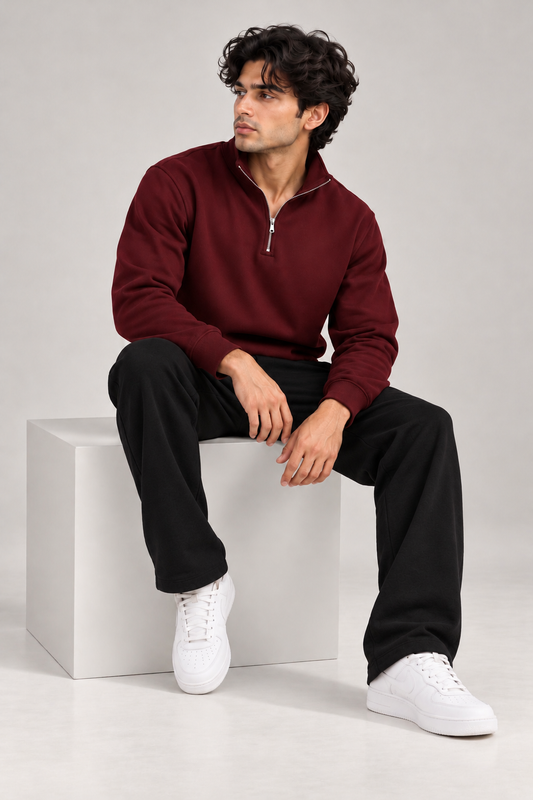 Basic Quarter Zip Sweatpant Co Ord Maroon - Black