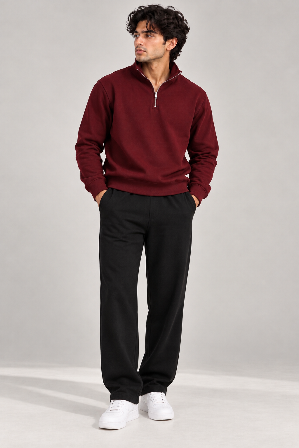 Basic Quarter Zip Sweatpant Co Ord Maroon - Black