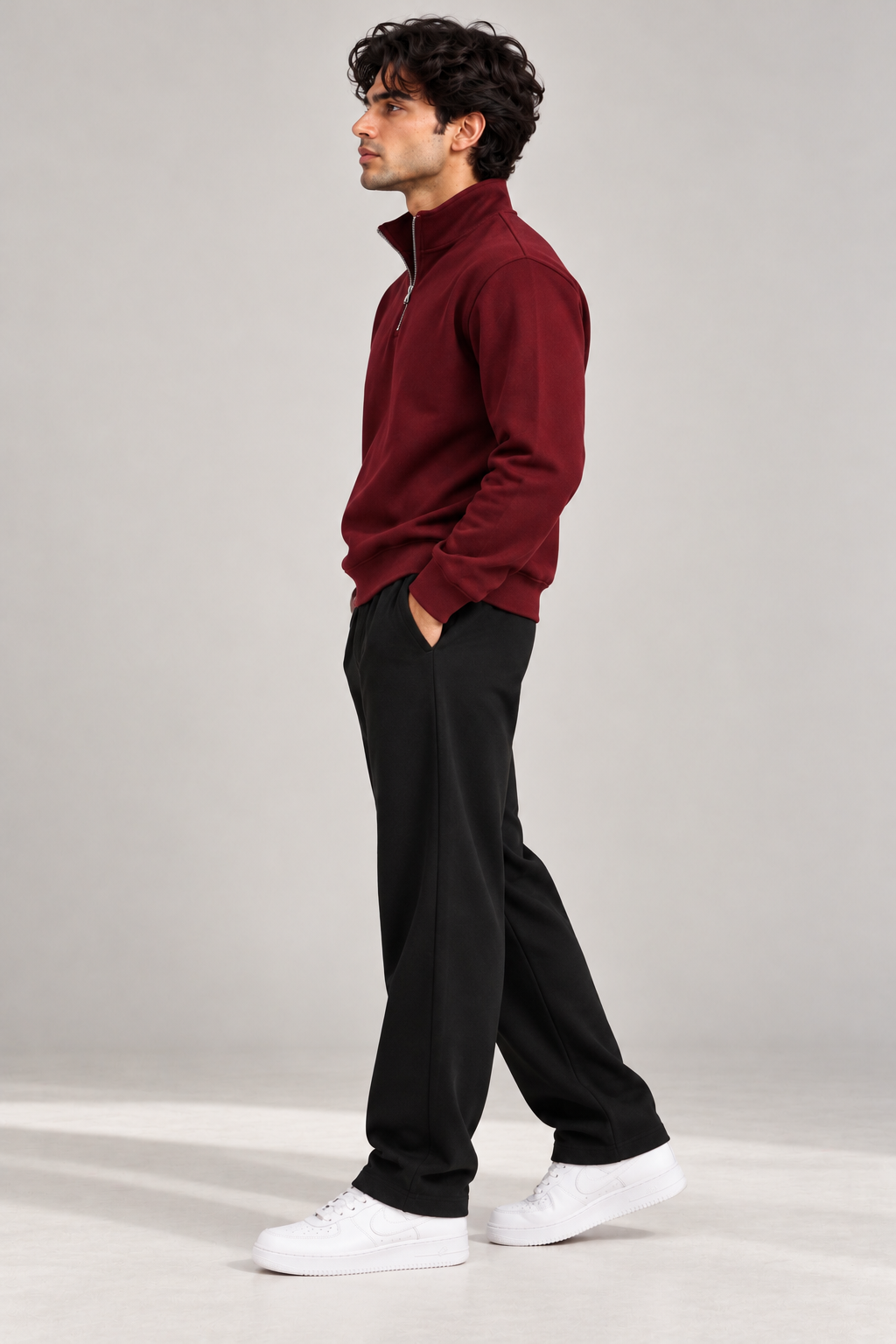 Basic Quarter Zip Sweatpant Co Ord Maroon - Black