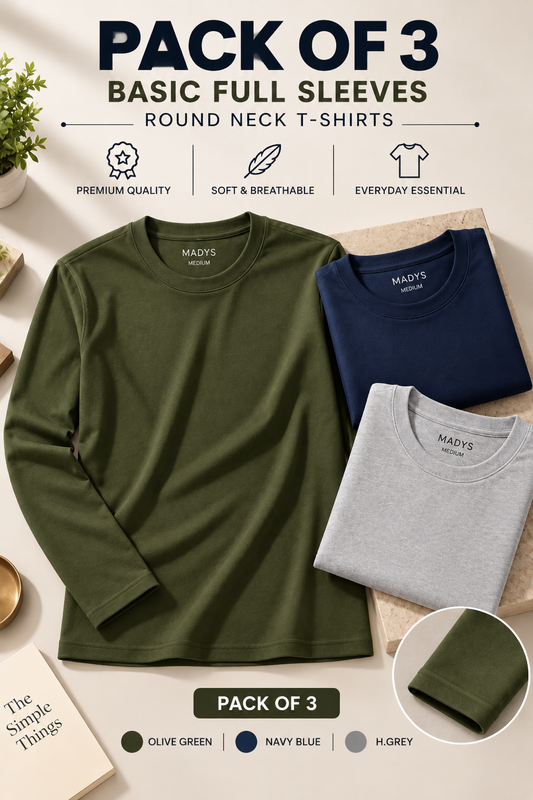 Pack Of Three Basic Fullsleeves Tshirts Olive - H.Grey - Navy