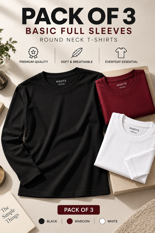 Pack Of Three Basic Fullsleeves Tshirts Black - Maroon - White