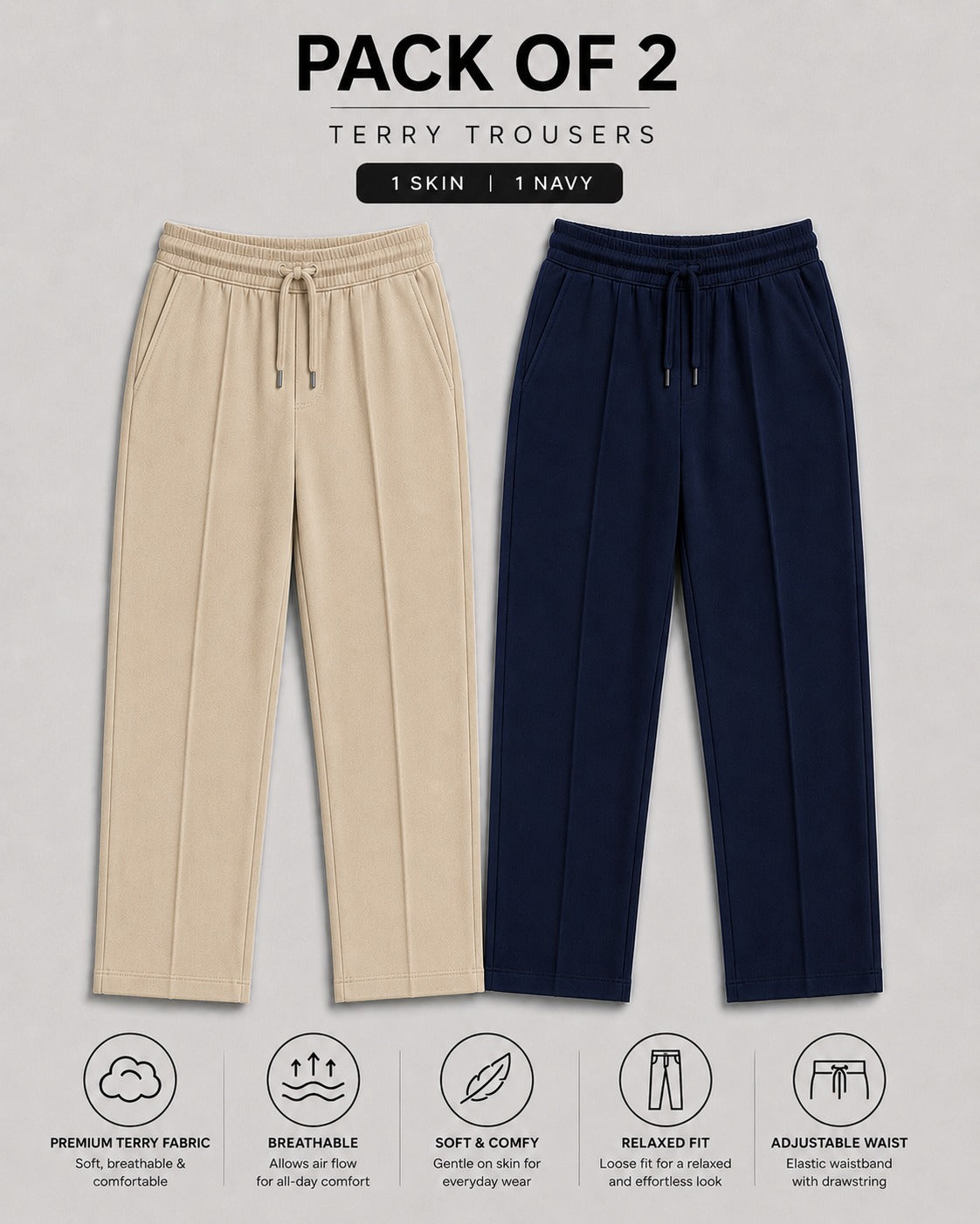 Pack Of Two Straight Fit Terry Trousers Skin- Navy Blue