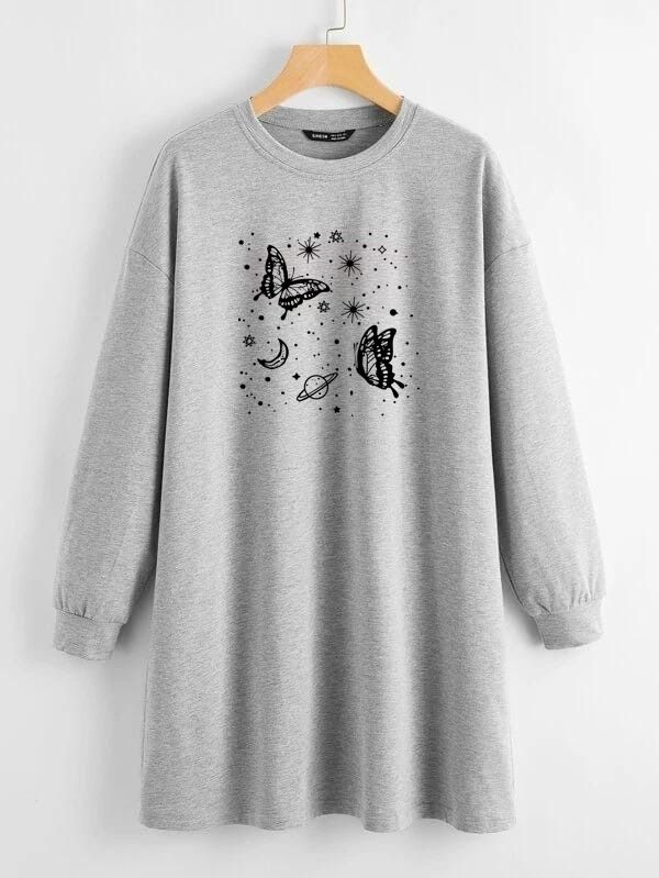 LONG LENGTH SWEATSHIRT GREY BUTTERFLY GALAXY